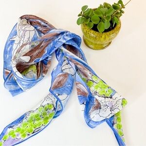 VINTAGE Silk Scarf Blue Green Floral Long Skinny